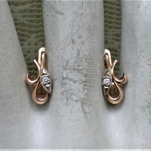 Vintage Soviet USSR Solid 14K 583 Rose Pink White Gold Diamond Pierced Earrings - Picture 1 of 6